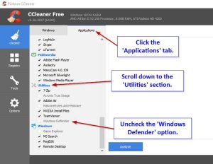 In ccleaner - remove the checkmark next to 'Windows Defender'